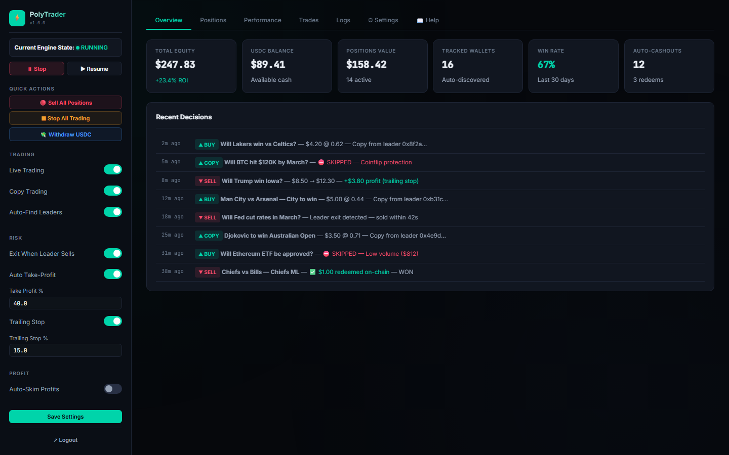 PolyTraderBot dashboard